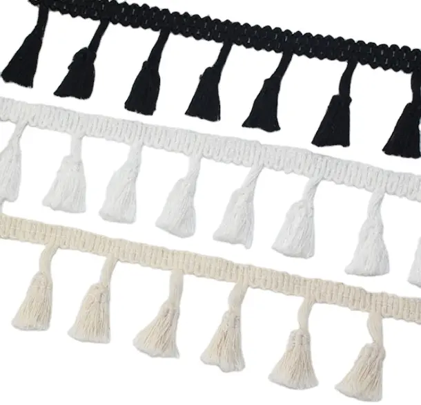 Alfombra de algodón con borlas para costura, 4,5 cm, borlas anudadas, beige y negra