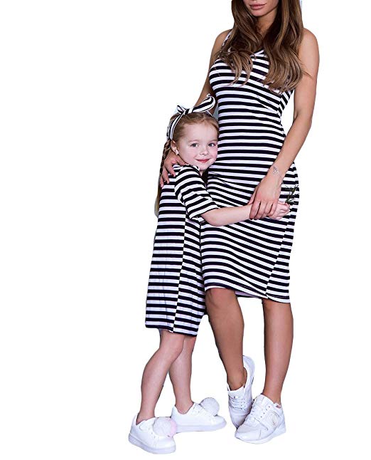 Casual Mother Daughter Matching Outfits Woman Black White Striped Camo T shirts Dress