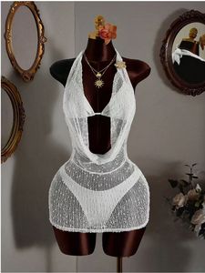 En stock – Ensemble 3 pièces texturé pour femme, 3 couleurs, comprenant une robe de plage transparente à col en V profond, un haut triangle et un paréo – Tailles S-L - Product Image 5