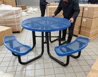 Table de pique-nique ronde en acier extérieur de 8 pouces avec banc, table de pique-nique en métal expansé avec revêtement thermoplastique, directement de l'usine