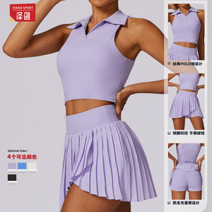 Ensemble de tennis pour femmes Zechuang, couleur unie, haut court respirant, jupe plissée, vêtements de sport d'extérieur TZ8600 - Product Image 5