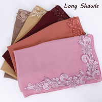 Foulard Carré Brodé de Fleurs, Hijab Turban Musulman en Mousseline de Soie Perlée pour Femme, Châle Écharpe Islamique