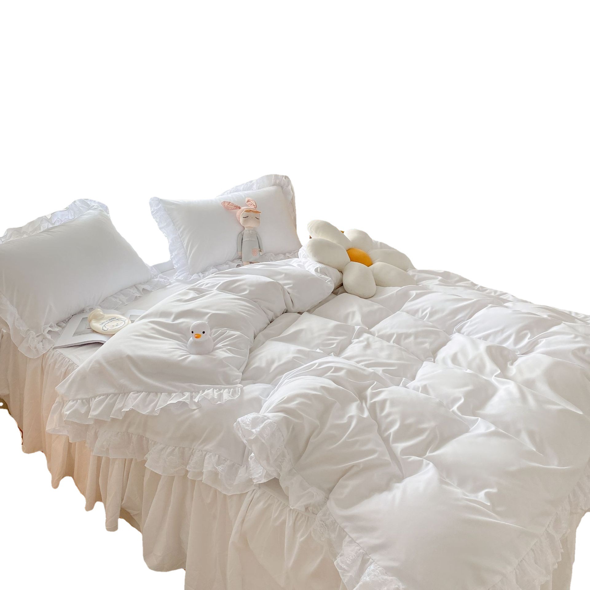 Однотонный Комплект постельного белья в японском стиле, милый кружевной розовый комплект постельного белья с оборками для девочек, пододеяльник с наволочкой и простыней для женщин