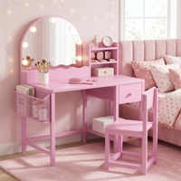Coiffeuse moderne en bois pour enfants avec table, chaise, miroir lumineux et 2 tiroirs – Idéale pour la vente en gros