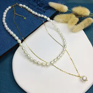 New Luxury Double Layered Natural Freshwater Pearl Necklace For Women's Stainless Steel Unique Baroque Pearl Pendant Necklace
