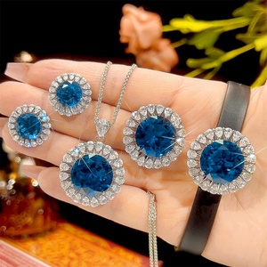 Vintage Eco-friendly Copper Gold Plated 16-10MM Blue Zircon Necklace <b>Earrings</b> Ring 4 Pieces Set Jewelry for Minimalist Style - Product Image 3