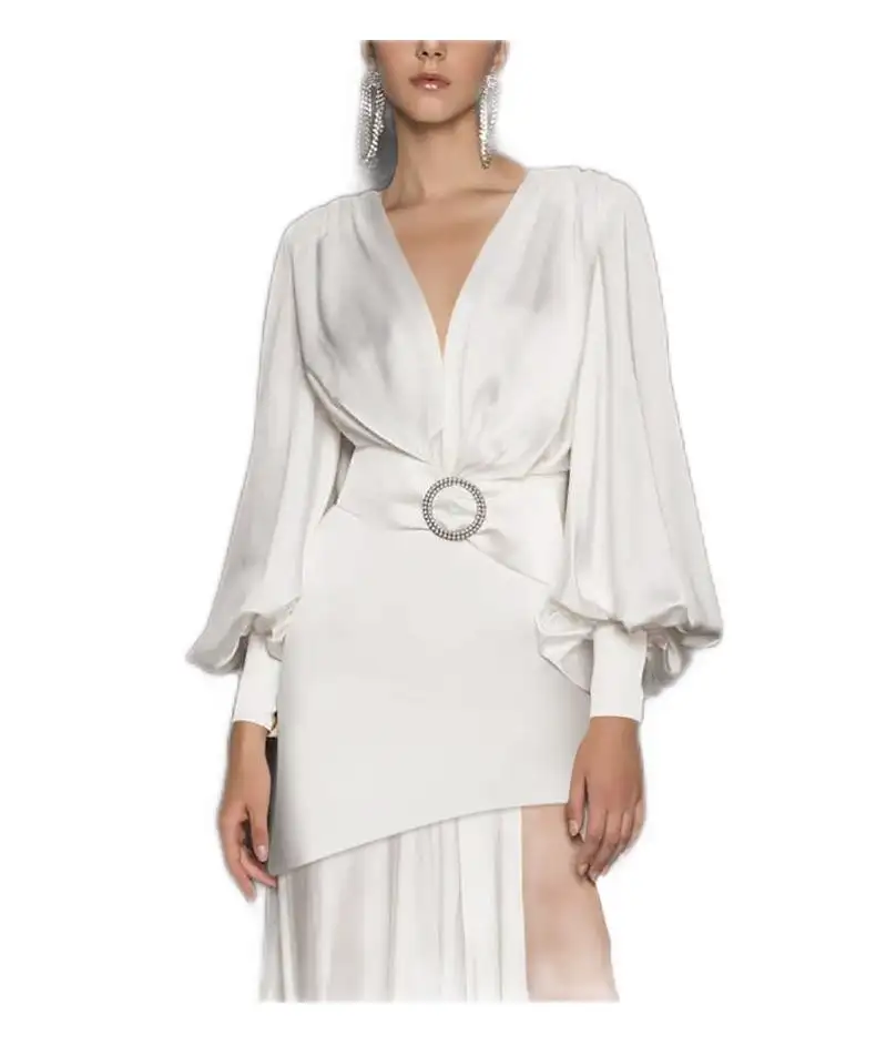 2022 Evening dress Spring and Autumn sexy lantern sleeve celebrity lady light luxury French dress satin skirt