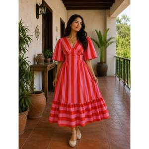 Robe midi à volants en coton rayé multicolore pour femmes |   Détail de nœud à nouer dans le dos |   Robe d'été décontractée - Product Image 1