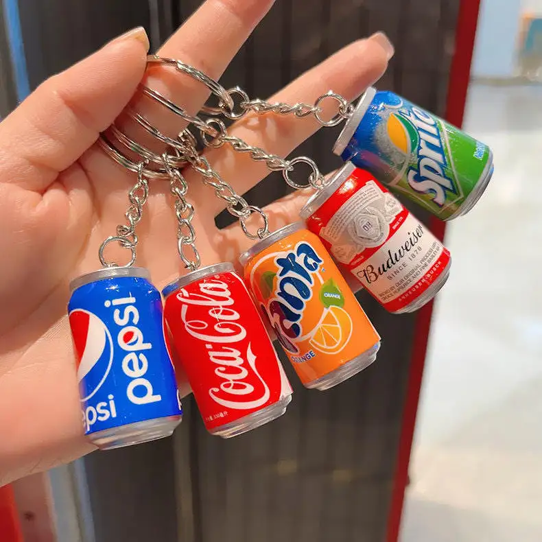 Novelty miniature cola Pepsi keychain beverage bottle can-shaped pendant promotional mini beer metal keychain