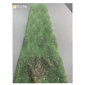 Nouveau motif brodé floral citron vert grande robe de soirée paillettes fait à la main perles lourdes tulle dentelle africaine tissu appliques