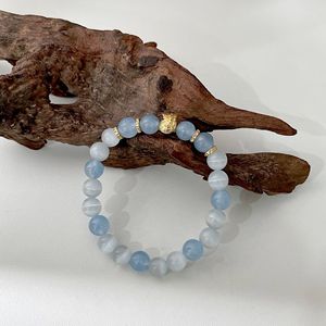 S925 Sterling Silver <b>Aquamarine</b> Cat's Eye <b>Bracelet</b> 21 Beads Round Animal Design Everyday Wear Jewelry - Product Image 4