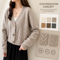 Kardigan Rajut Kabel Wanita Warna Beige, Kerah V, Lengan Panjang, Kancing Depan, Tekstur Kepang, Manset Bergaris, Model Crop, Pakaian Santai untuk Layering
