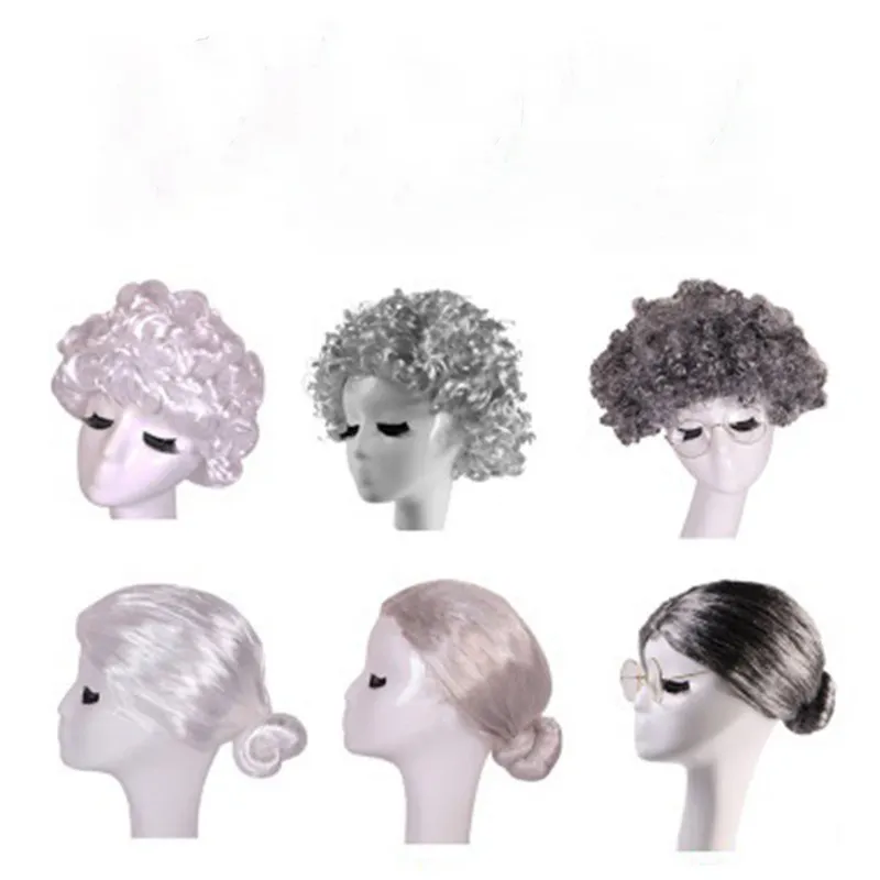 Halloween grandma wig cover old lady middle-aged and elderly short curly hair old grandpa and grandma grey performance headgear