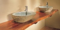 Lavabo en pierre ronde, 4 pièces, comptoir en bois