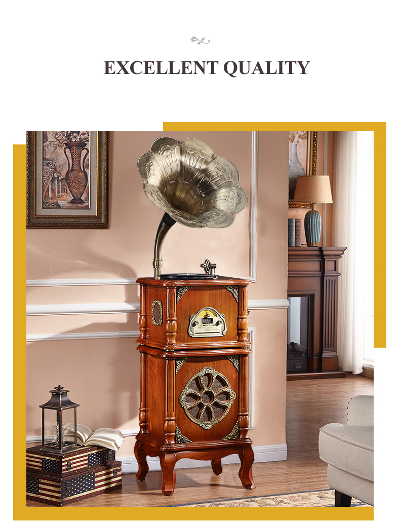 Wooden vinyl turntable Vintage speaker Home audio record player gramophone