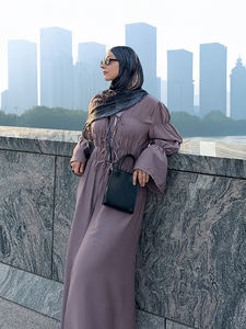 Vestido Abaya Modesto Color Malva con Mangas Farol, Fruncido en la Parte Delantera, Túnica Abierta, Ropa Islámica Elegante para el Día a Día y Ramadán - Product Image 3