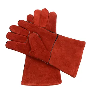ホット販売耐熱手袋ロングパターン牛皮革安全ハンドグローブレッドレザー溶接手袋