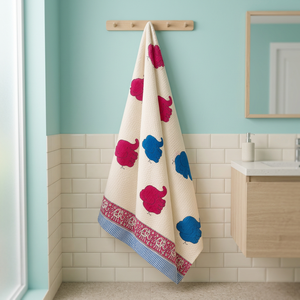 Ensemble de serviettes de bain en coton gaufré imprimé à la main style indien motif éléphant, séchage rapide, écologique, motif floral, rectangulaire, pour la maison - Product Image 3