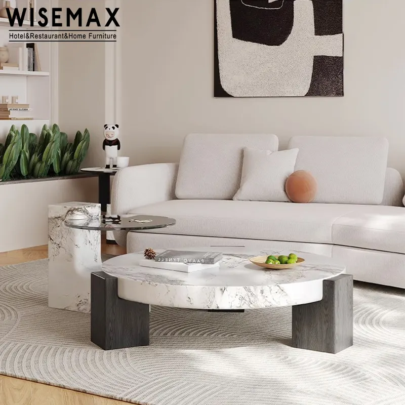 WISEMAX हाई एंड लिविंग रूम फर्नीचर गोल प्राकृतिक संगमरमर कॉफी टेबल साइड टेबल सेट मेसा पैरा साला ग्लास सेंटर टेबल