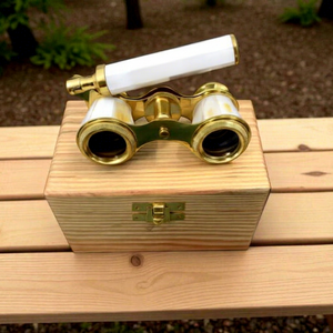 Gafas de Teatro Modernas de Calidad, Estilo Vintage Marrón, Latón Chapado en Oro, con Lente Pulida de Nácar, Telescopio Mini Compacto de 4 Pulgadas - Product Image 1