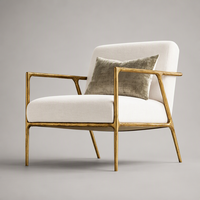 Fauteuil rembourré avec structure métallique ouverte, accoudoirs courbes, pieds effilés, chaise d'appoint en tissu lin pour coin lecture, crème