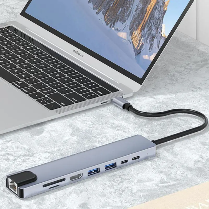 Nouveau design en alliage d'aluminium 3/4/5/6/7/8 en 1 Hub de type C avec adaptateur HDTV, Ethernet, lecteur de carte TF/SD, 2 ports USB et HUB 87W 3.0