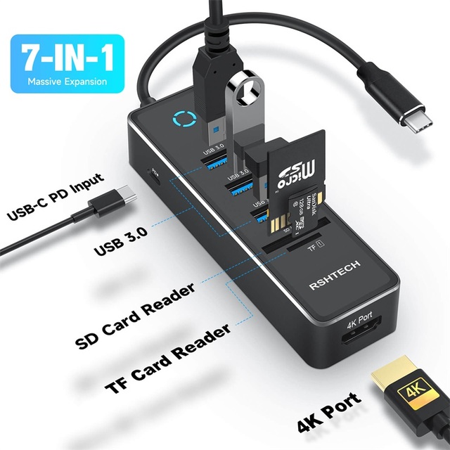 RSHTECH USB Hub Multiport Adapter 5Gbps SD/TF Card Reader 4K@60Hz PD100W Type c Multiport Dock Hub Usb Hub for PC Macbook
