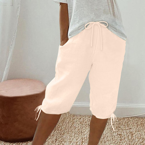 Cinco pantalones de lino y algodón para mujer, pantalones cónicos cómodos y frescos diarios de verano, pantalones informales con cordón, cintura elástica, cinco medias - Product Image 4