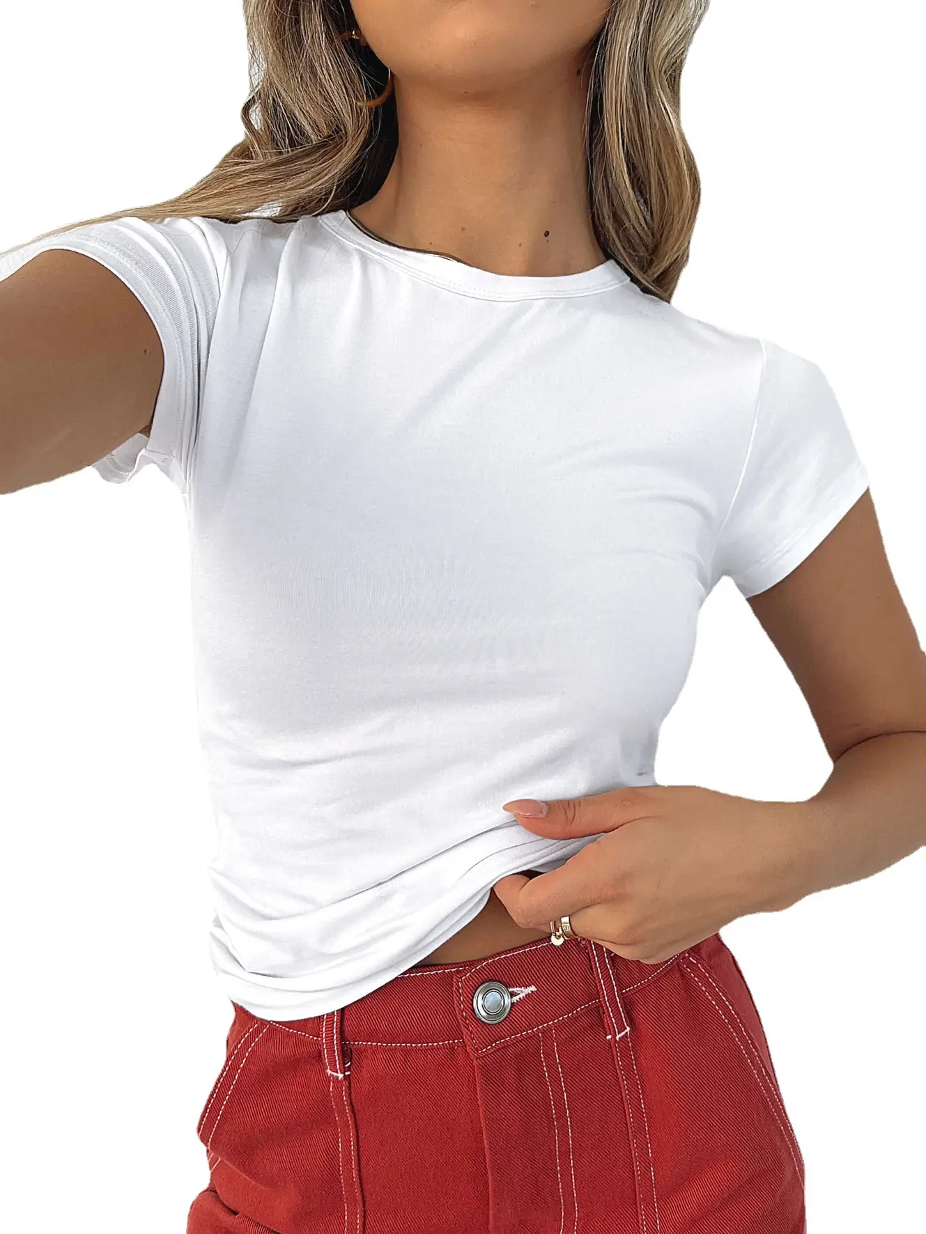 2023 बुनियादी टी फसली देवियों उच्च गुणवत्ता सादे गर्मियों कपास तंग स्लिम फिट टी शर्ट शीर्ष हिप हॉप महिलाओं सफेद टी शर्ट फसल शीर्ष