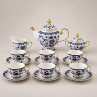 Service à café en porcelaine bleue italienne 15 pièces avec bordure dorée, théière, tasses, soucoupes, sucrier, crémier – Vente en gros, fournisseur OEM ODM