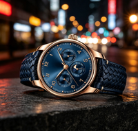 Montre mécanique à remontage automatique pour homme, style business, fonction chronographe, cadran bleu, bracelet en cuir de vachette