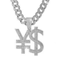 Collier Hip Hop avec pendentif lettre brillant en diamant, symbole du dollar américain et du yuan, pour danseurs hip-hop