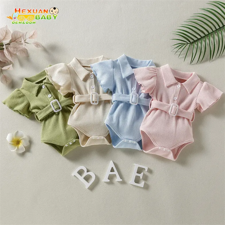 2023 Summer Newborn Girl Rompers Fly Sleeve Turn Down Collar Solid Color Bodysuit Jumpsuit Belt Outfits Baby Clothes Girls
