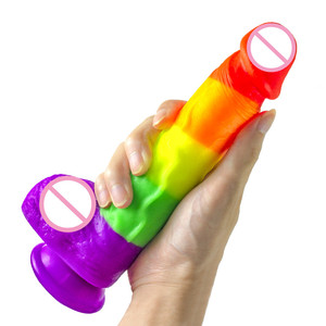 Prix usine arc-en-ciel gode gros Silicone Super doux coloré gode avec balle et ventouse jouets sexuels pour adultes pour les femmes - Product Image 1