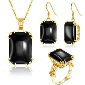 18K Black Onyx Jewelry Sets Women Vintage Goth Jewelry Set 925 Sterling Silver Gold Plated Wedding Wedding Cocktail Party Flower