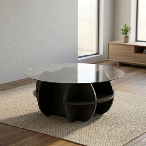 Modern Round Coffee <b>Table</b> With Tempered Glass Top <b>Resin</b> Base Storage Living Room Furniture - Product Image 2