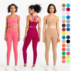 Set Yoga Wanita Legging Fitness Nyaman, Celana Yoga Olahraga Bra Olahraga Aktif Gym 2 Potong 30 Warna