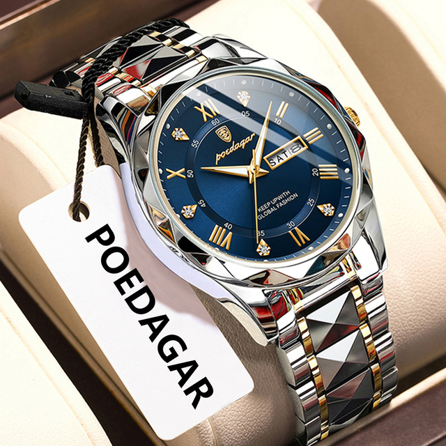 Poedagar Top Brand Luxury Waterproof Luminous Date Week Watch for Men Stainless Steel Quartz Watches Male Reloj