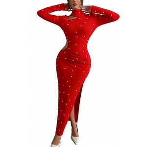 เดรสแม็กซี่ประดับมุกสำหรับผู้หญิงชุดเดรสยาวแขนยาวทรงบอดี้คอนสำหรับงานปาร์ตี้แฟชั่น - Product Image 5