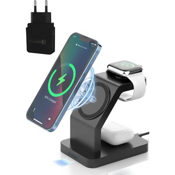 3-in-1 Wireless Charging Station for 15/14/13/12/11/X Pro Max & Watch with 10W QC3.0 5V/2A Fast Charging Dock USB-C Ports