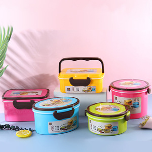Rectangular And <b>Round</b> Plastic Lunch <b>Box</b> With Handle Blue Red Yellow Green Solid Color Student Bento <b>Box</b> For School Use - Product Image 1