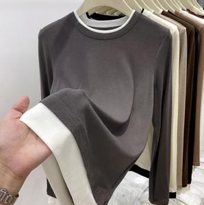 Camiseta Térmica de Manga Larga con <span class=keywords><strong>Cuello</strong></span> <span class=keywords><strong>Redondo</strong></span> para Mujer, Prenda Interior, Diseño de Bloques de Color, Estilo Otoño Invierno, Terciopelo - Product Image 5