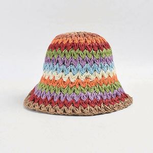 Wholesale Daily Travel Beach Rainbow Striped Hand-hooked Paper <b>Straw</b> Summer Fashion Sunshade Sun Hand Knitted Bucket <b>Hat</b> - Product Image 3