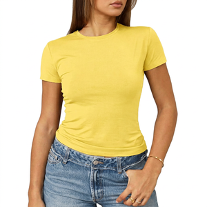 <b>Women's</b> <b>Yellow</b> Crew Neck Short Sleeve Slim Fit Cotton T-Shirt Casual Solid Color Spring Summer <b>Top</b> - Product Image 1