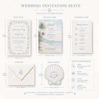 Suite d'invitations de mariage sur le thème de l'océan personnalisée, papier fantaisie, détails estampés à chaud, inserts de style plage, enveloppe premium