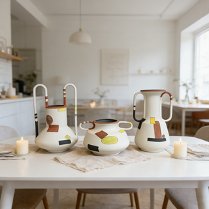 <span class=keywords><strong>Set</strong></span> di 3 Vasi in Ceramica Bianca Opaca con Motivi Geometrici Colorati e Manici, Vaso Decorativo da Tavolo per Fiori - Product Image 2