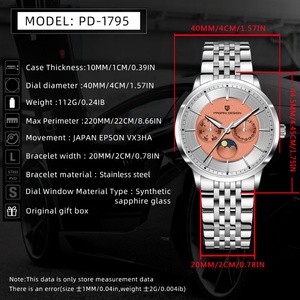 Montre à quartz Pagani Design pour homme en acier inoxydable avec bracelet en cuir, étanche 100 m, affichage des phases lunaires et des jours de la semaine, cadran en verre. - Product Image 2