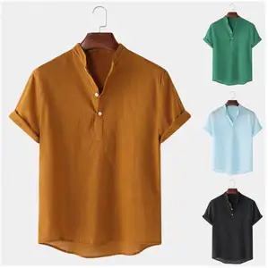 Chemises d'été pour hommes, col en sable, col en V, coton, lin, manches courtes, couleur unie, hauts amples pour hommes, pull, chemisier, t-shirt, chemise décontractée