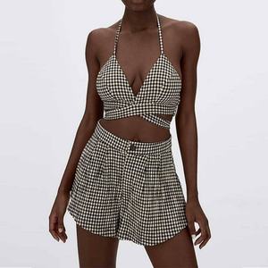 Nouvel Arrivage Automne Ensemble Deux Pièces en Lin de Haute Qualité pour Femme, comprenant un Crop Top à Bretelles Sexy et un Mini Short Évasé à Pois, Style OOTD - Product Image 1