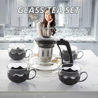 Set Hadiah Teko Teh Kaca Tahan Panas Ramah Lingkungan Desain Klasik dengan Infuser Bunga Teh Kopi 5-Piece dan Tutup dari Baja Tahan Karat